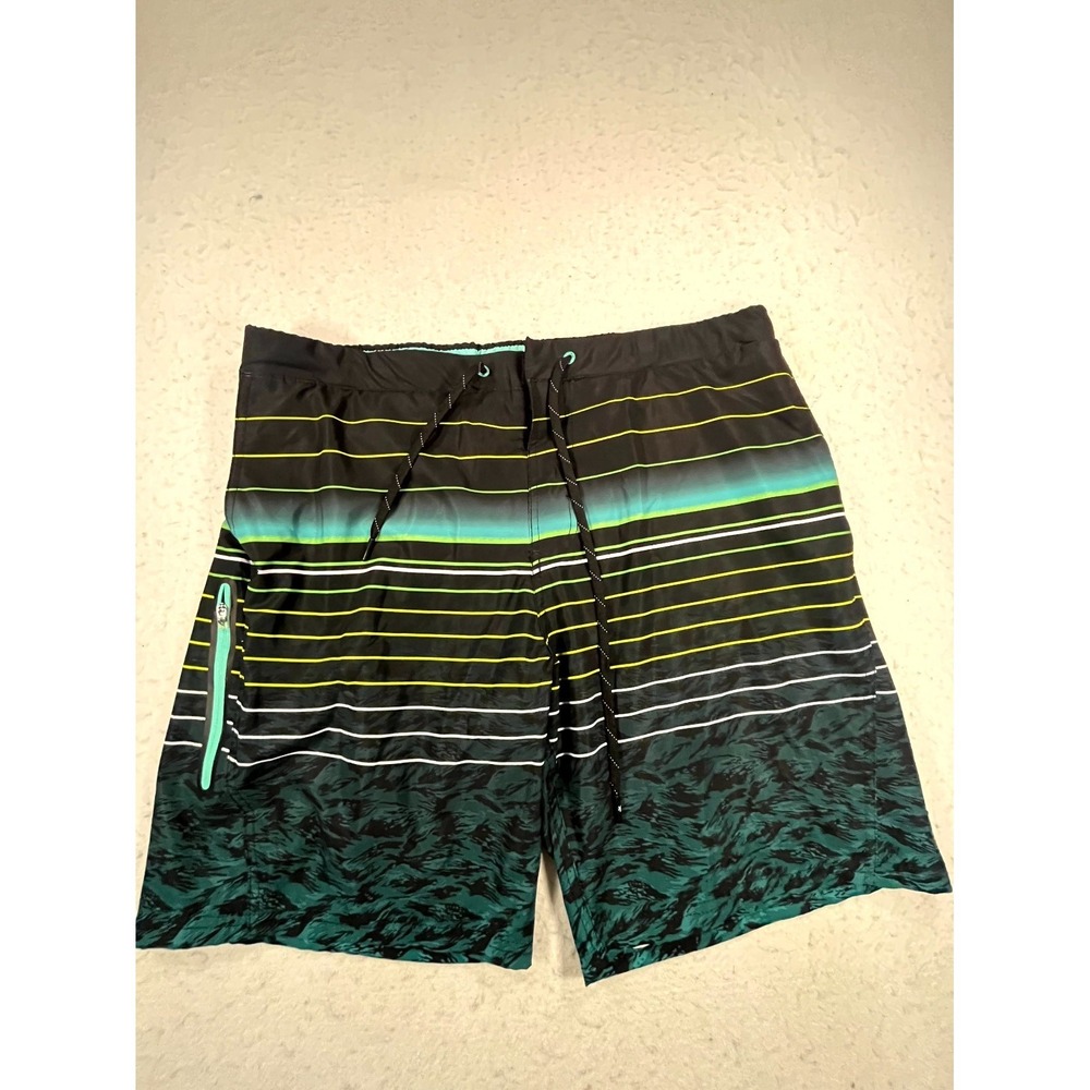 ZeroXposur‎ Board Shorts Mens XL Black Teal Striped Stretch Quick Dry Swimwear